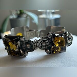 Ornate Vintage Mexico Silver Citrine color glass panel bracelet. UV react 1950